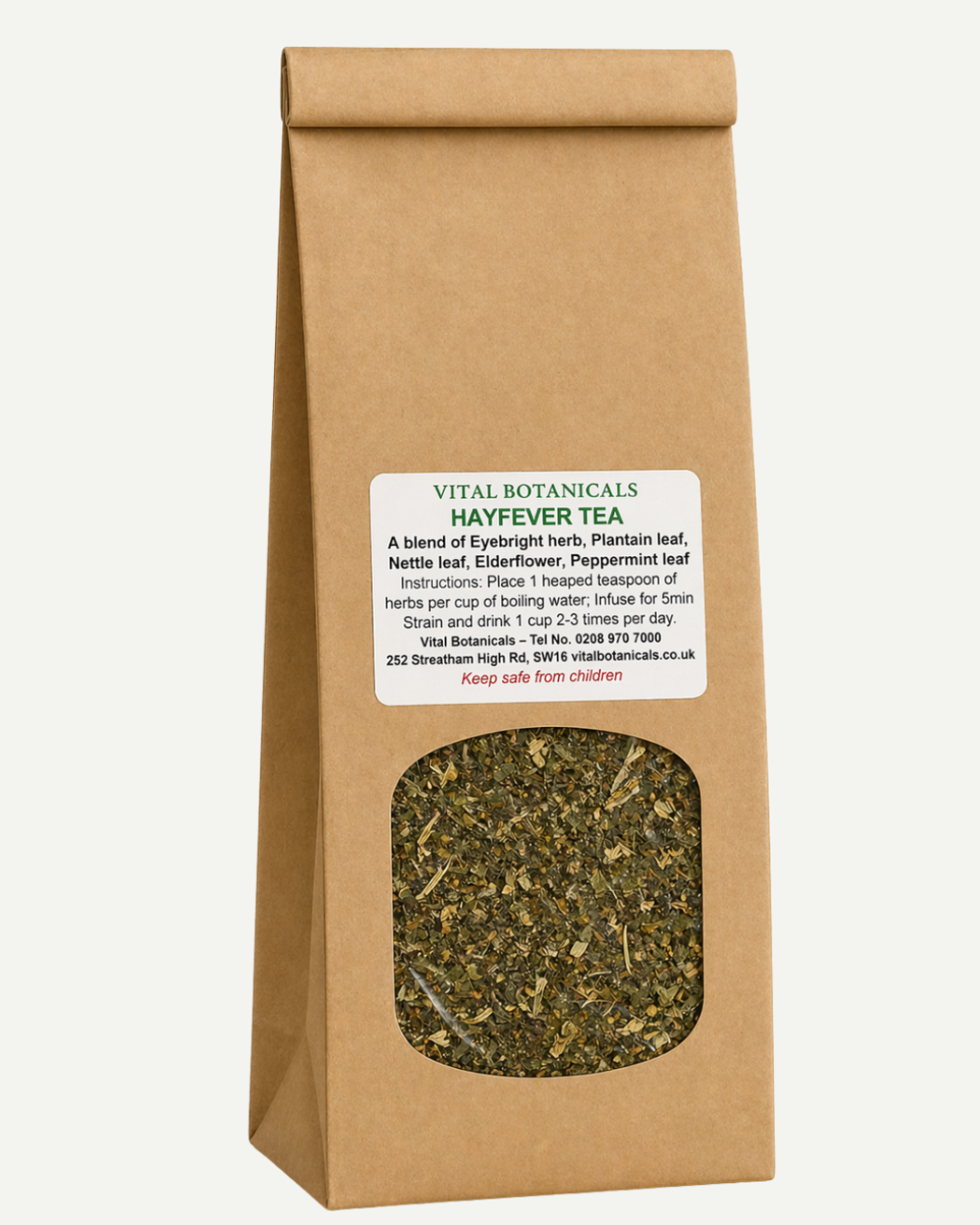 Brown paper bag of Vital Botanicals Hayfever Tea with visible tea leaves.