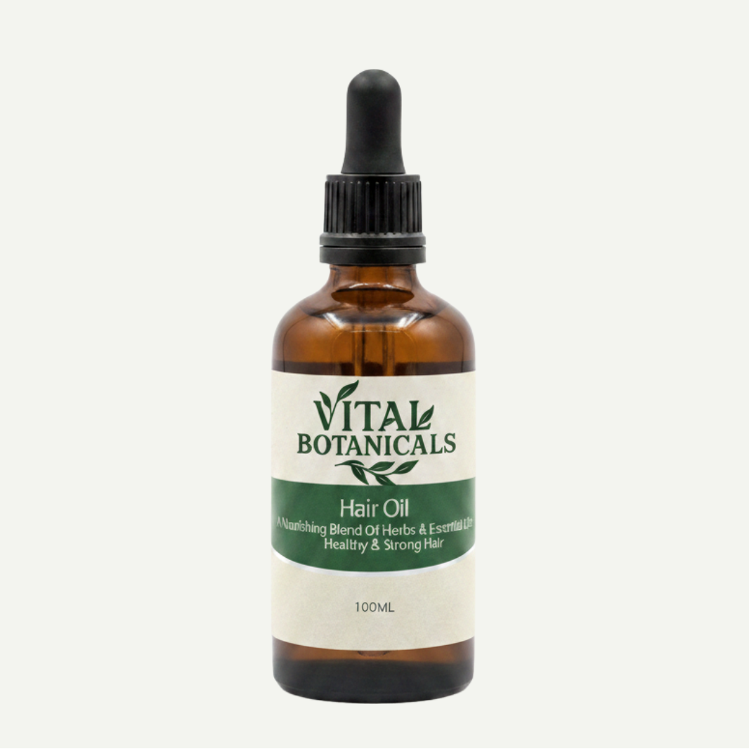 Vital Botanicals hair oil bottle with dropper on a white background