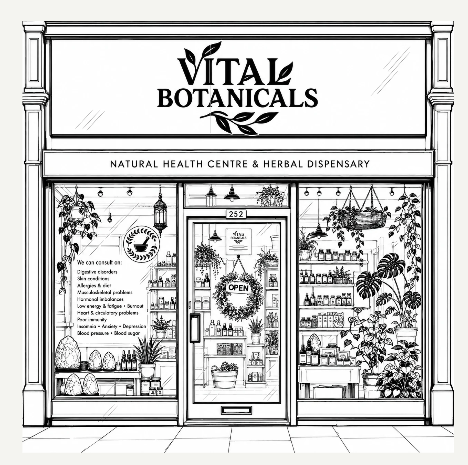 Illustration of a natural health center and herbal dispensary named 'Vital Botanicals'.