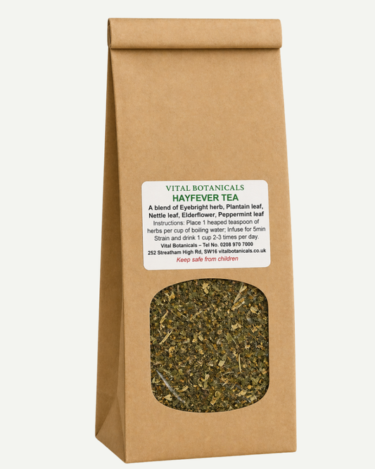 Brown paper bag of Vital Botanicals Hayfever Tea with visible tea leaves.